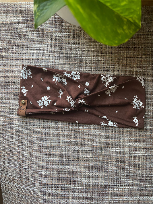 Brown & White Flowers Twist Headband